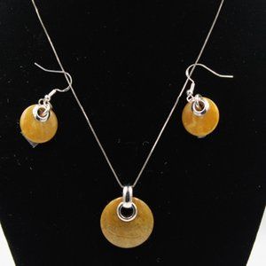 Orange Jade Pendant Necklace and Earrings Set